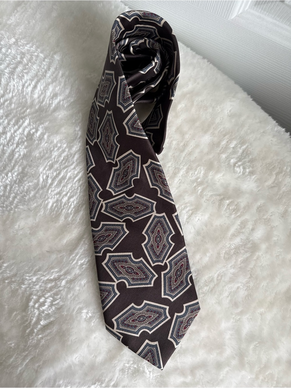 Vintage Christian Dior Monsieur Silk Tie Brown Geometric Medallion Retro Necktie
